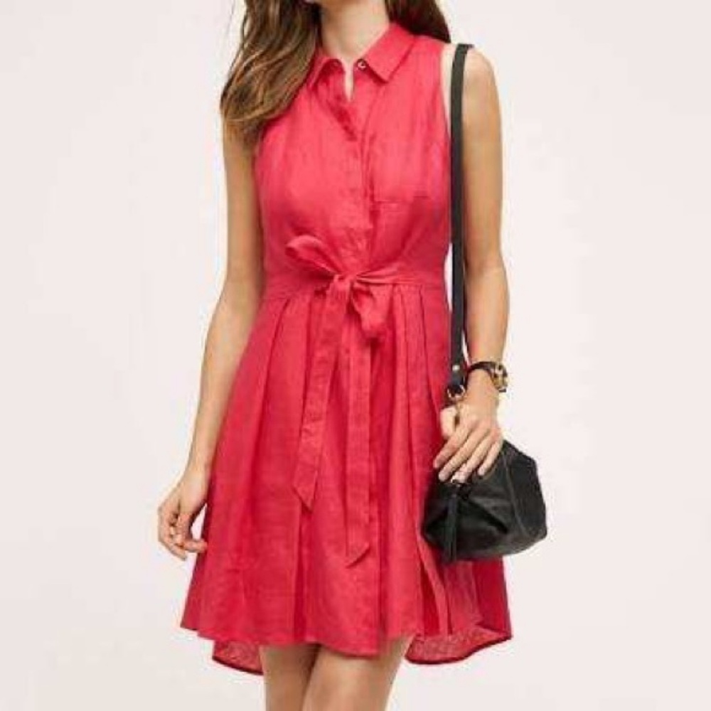 Anthro HD in Paris Pink Linen Belt Pleated Dress